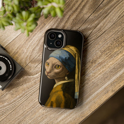 Cat with a Pearl Earring – Vermeer Inspired – iPhone 16, 15, 14, 13 – MagSafe Magnetic Tough Case by HitStickers