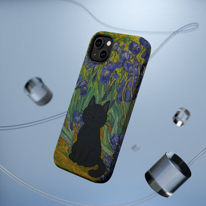 Peaceful Cat in Irises – Van Gogh Inspired – iPhone 16, 15, 14, 13 – MagSafe Magnetic Tough Case by HitStickers