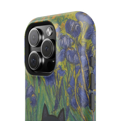Peaceful Cat in Irises – Van Gogh Inspired – iPhone 16, 15, 14, 13 – MagSafe Magnetic Tough Case by HitStickers
