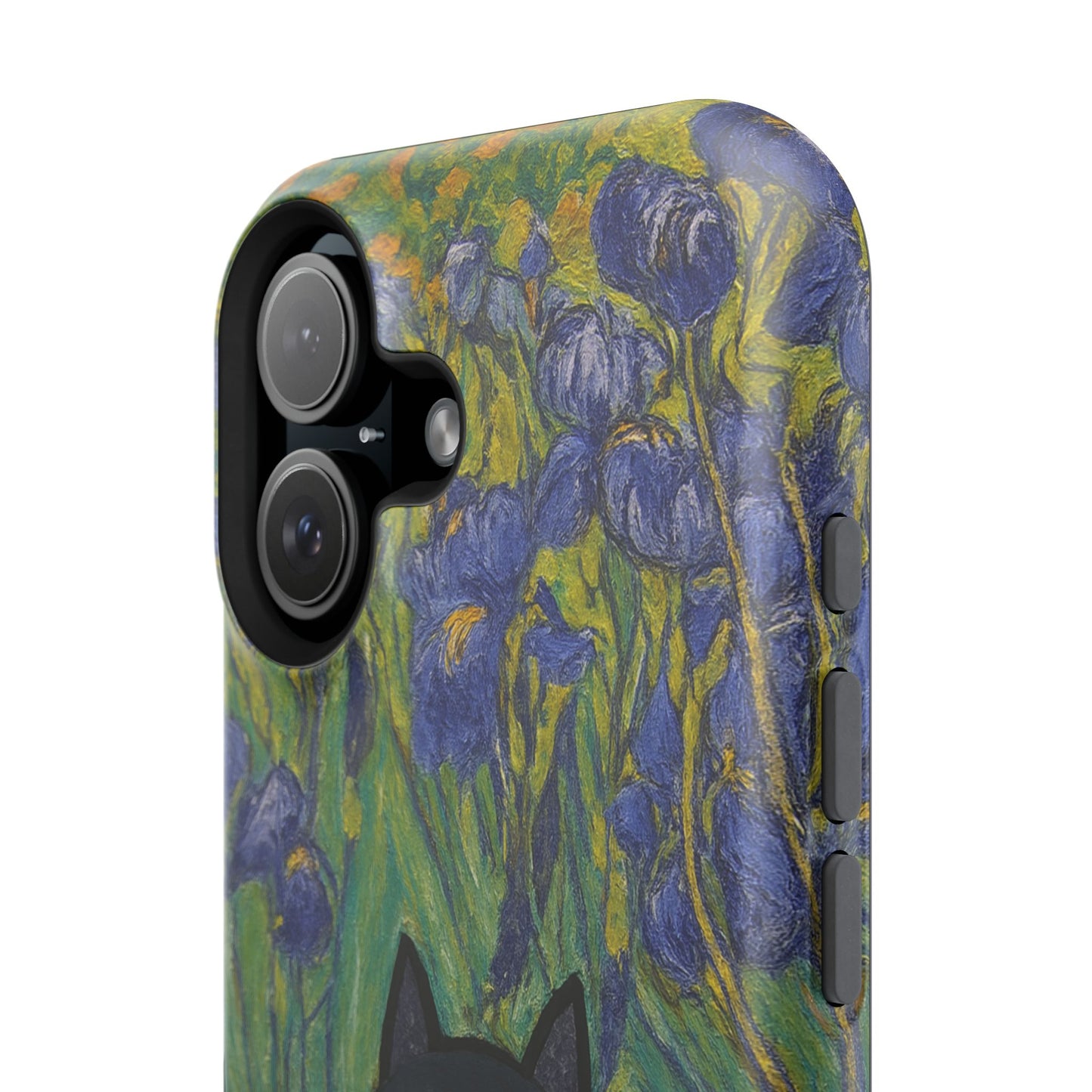 Peaceful Cat in Irises – Van Gogh Inspired – iPhone 16, 15, 14, 13 – MagSafe Magnetic Tough Case by HitStickers