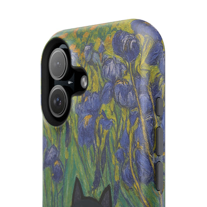 Peaceful Cat in Irises – Van Gogh Inspired – iPhone 16, 15, 14, 13 – MagSafe Magnetic Tough Case by HitStickers