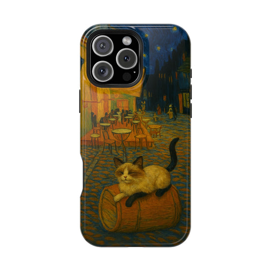 Café Cat at Night – Van Gogh Inspired – iPhone 16, 15, 14, 13 – MagSafe Magnetic Tough Case by HitStickers