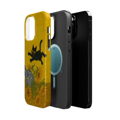 Mischievous Cat & Sunflowers – Van Gogh Inspired – iPhone 16, 15, 14, 13 – MagSafe Magnetic Tough Case by HitStickers