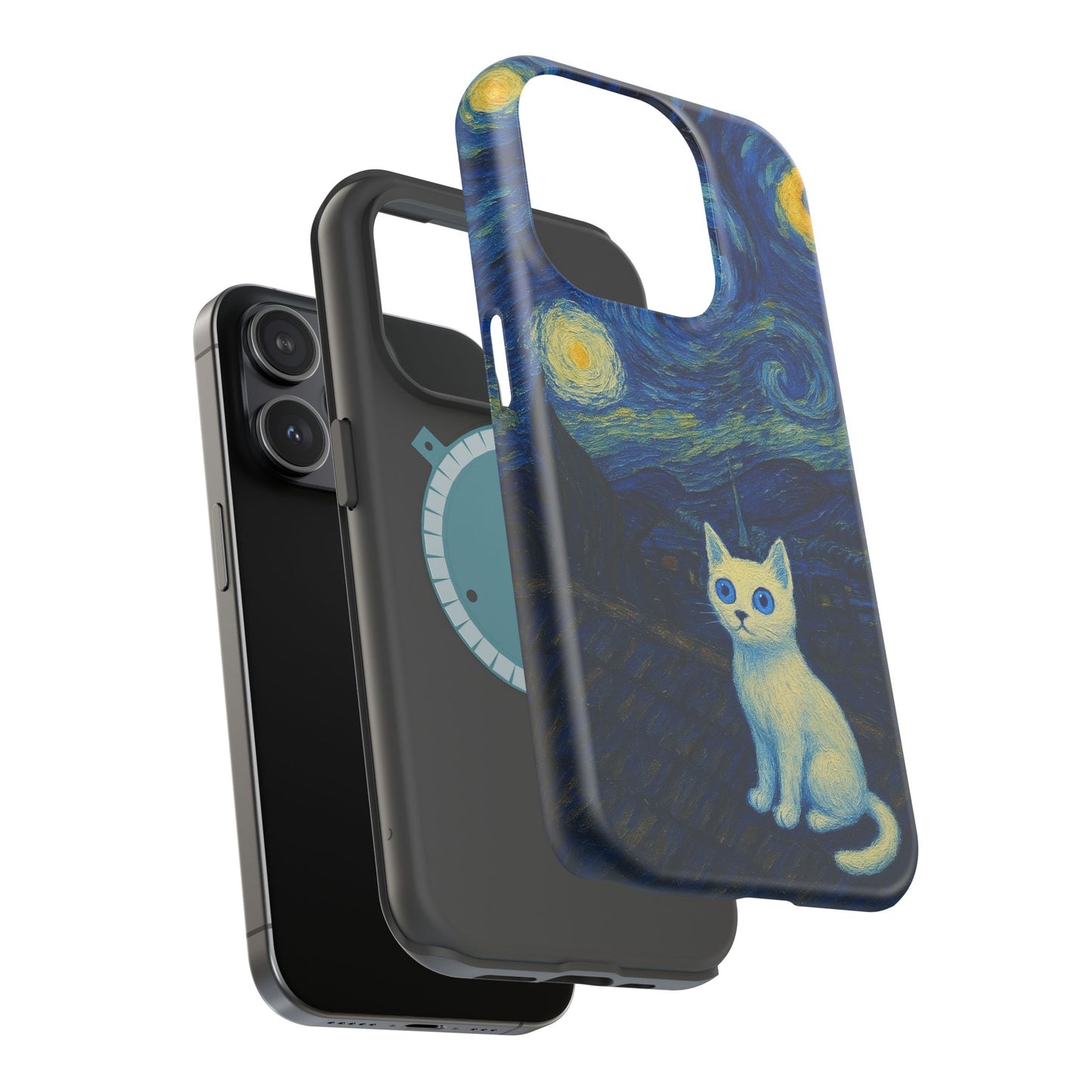 Starry Night Cat – Van Gogh Inspired – iPhone 16, 15, 14, 13 – MagSafe Magnetic Tough Case by HitStickers