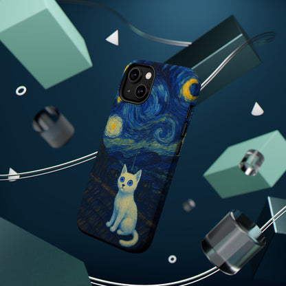 Starry Night Cat – Van Gogh Inspired – iPhone 16, 15, 14, 13 – MagSafe Magnetic Tough Case by HitStickers