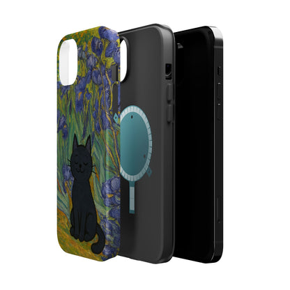 Peaceful Cat in Irises – Van Gogh Inspired – iPhone 16, 15, 14, 13 – MagSafe Magnetic Tough Case by HitStickers