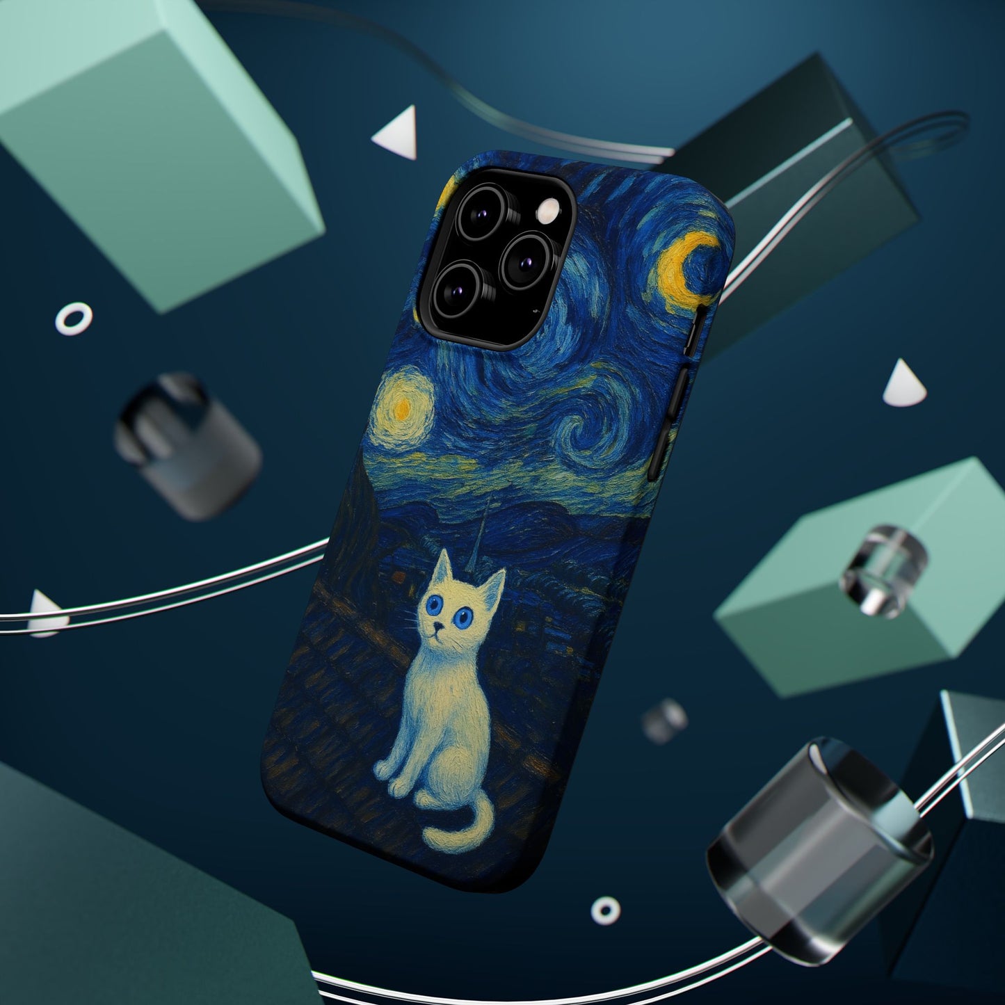Starry Night Cat – Van Gogh Inspired – iPhone 16, 15, 14, 13 – MagSafe Magnetic Tough Case by HitStickers