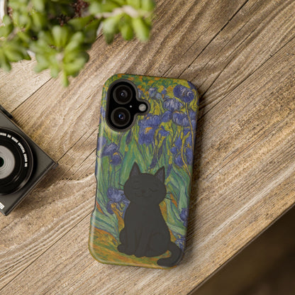 Peaceful Cat in Irises – Van Gogh Inspired – iPhone 16, 15, 14, 13 – MagSafe Magnetic Tough Case by HitStickers