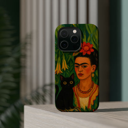 Frida & the Black Cat – Kahlo Inspired – iPhone 16, 15, 14, 13 – MagSafe Magnetic Tough Case by HitStickers