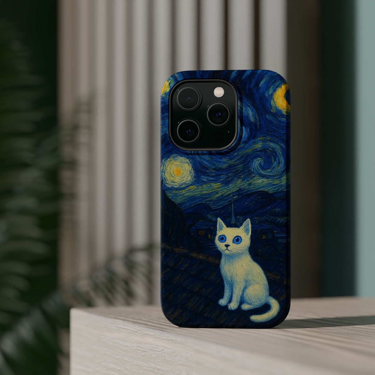 Starry Night Cat – Van Gogh Inspired – iPhone 16, 15, 14, 13 – MagSafe Magnetic Tough Case by HitStickers