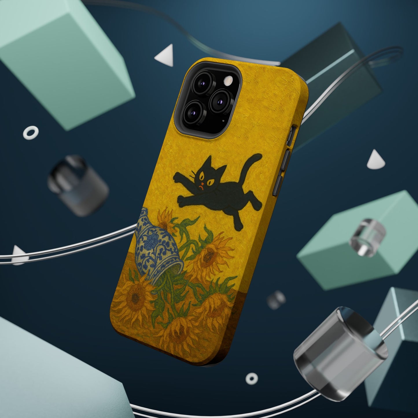 Mischievous Cat & Sunflowers – Van Gogh Inspired – iPhone 16, 15, 14, 13 – MagSafe Magnetic Tough Case by HitStickers