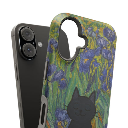 Peaceful Cat in Irises – Van Gogh Inspired – iPhone 16, 15, 14, 13 – MagSafe Magnetic Tough Case by HitStickers