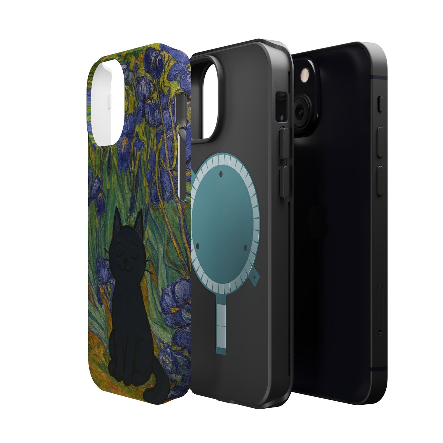 Peaceful Cat in Irises – Van Gogh Inspired – iPhone 16, 15, 14, 13 – MagSafe Magnetic Tough Case by HitStickers