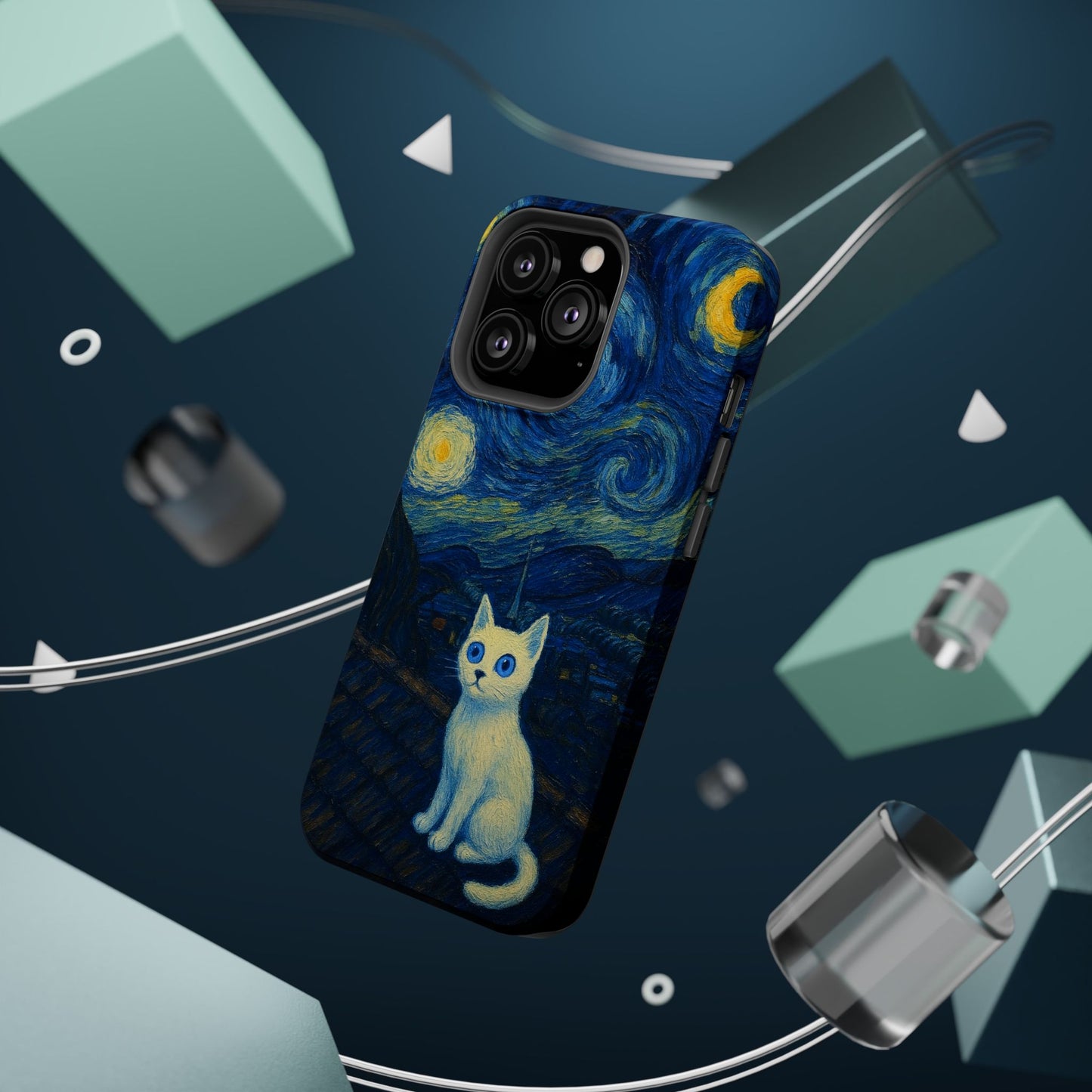 Starry Night Cat – Van Gogh Inspired – iPhone 16, 15, 14, 13 – MagSafe Magnetic Tough Case by HitStickers