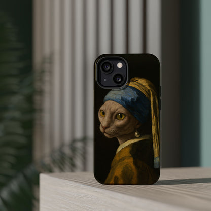 Cat with a Pearl Earring – Vermeer Inspired – iPhone 16, 15, 14, 13 – MagSafe Magnetic Tough Case by HitStickers