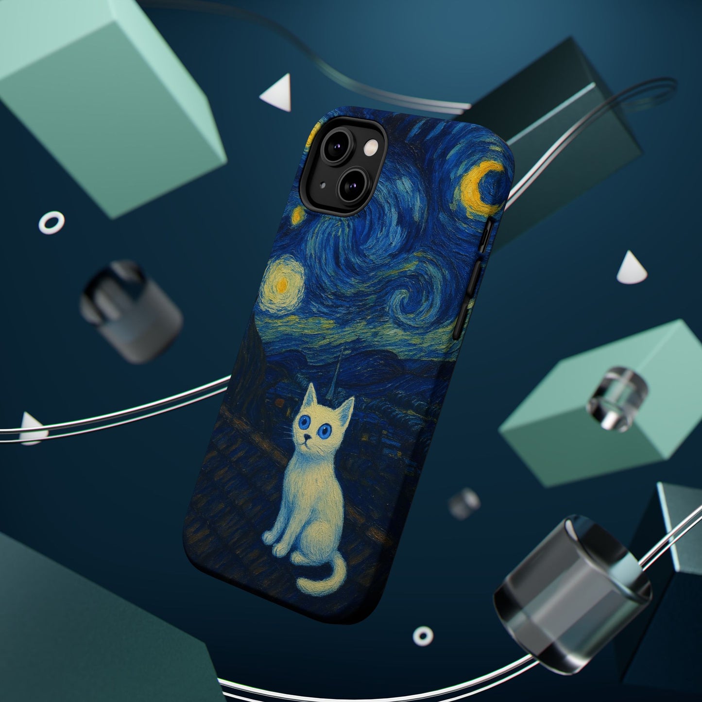 Starry Night Cat – Van Gogh Inspired – iPhone 16, 15, 14, 13 – MagSafe Magnetic Tough Case by HitStickers