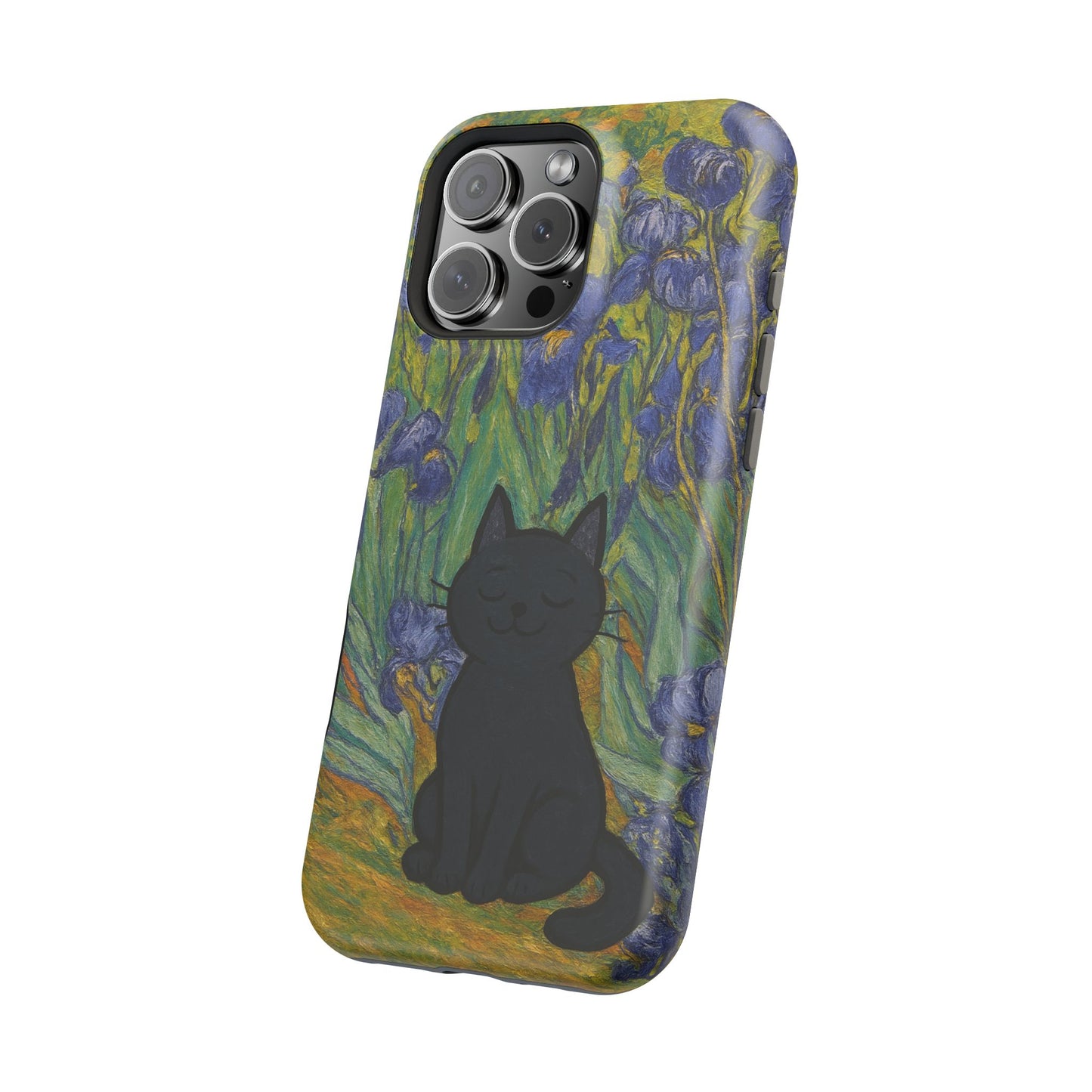 Peaceful Cat in Irises – Van Gogh Inspired – iPhone 16, 15, 14, 13 – MagSafe Magnetic Tough Case by HitStickers