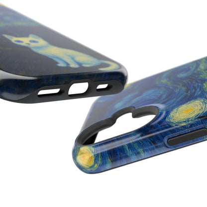 Starry Night Cat – Van Gogh Inspired – iPhone 16, 15, 14, 13 – MagSafe Magnetic Tough Case by HitStickers