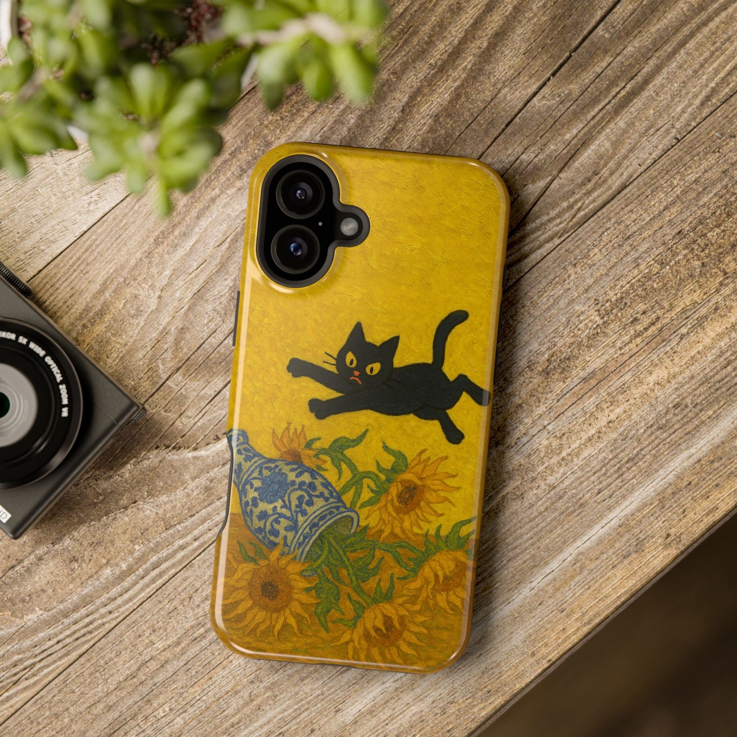 Mischievous Cat & Sunflowers – Van Gogh Inspired – iPhone 16, 15, 14, 13 – MagSafe Magnetic Tough Case by HitStickers