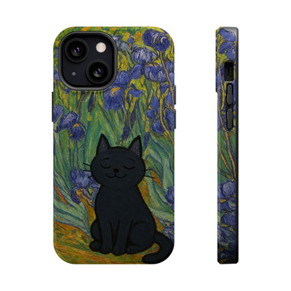 Peaceful Cat in Irises – Van Gogh Inspired – iPhone 16, 15, 14, 13 – MagSafe Magnetic Tough Case by HitStickers