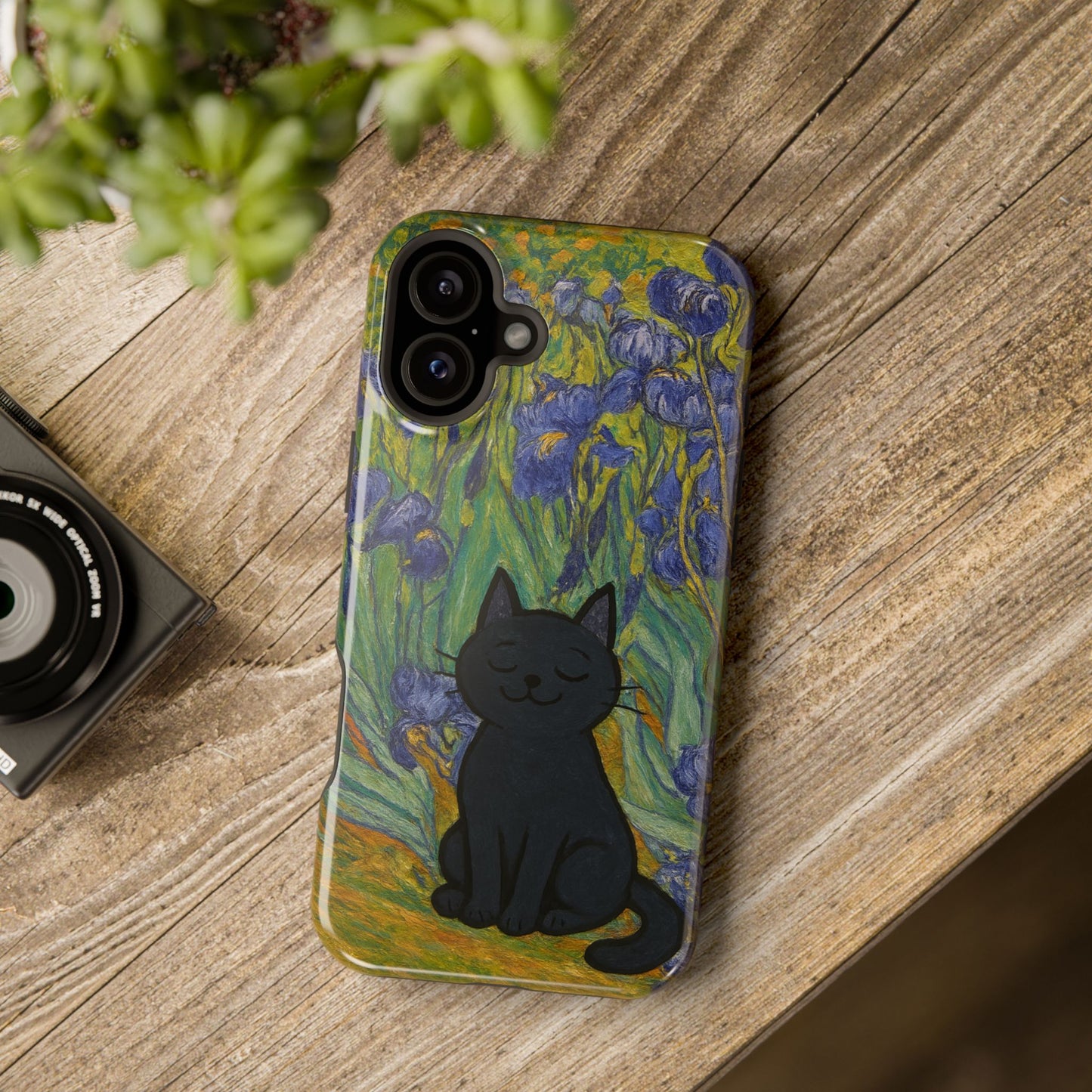 Peaceful Cat in Irises – Van Gogh Inspired – iPhone 16, 15, 14, 13 – MagSafe Magnetic Tough Case by HitStickers