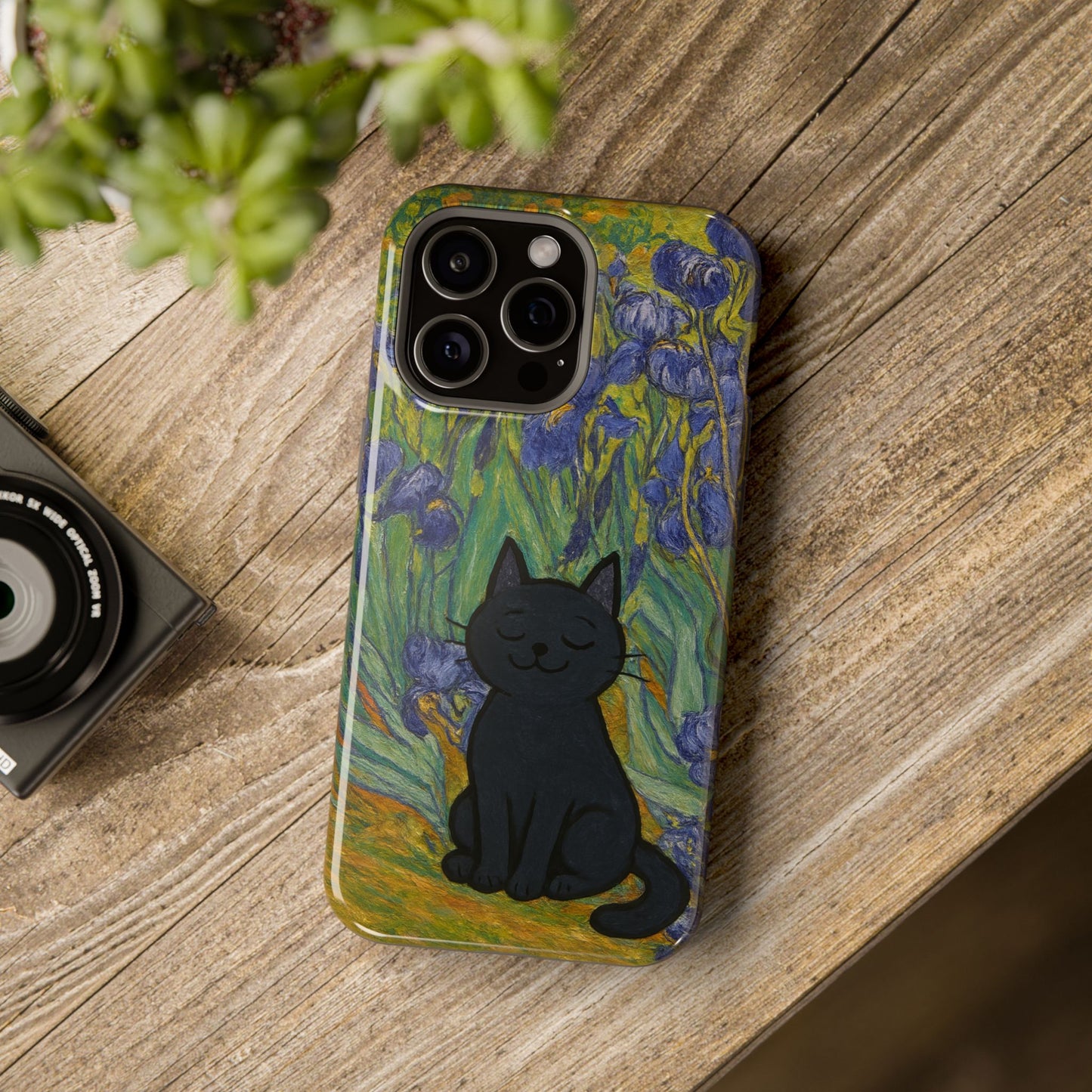 Peaceful Cat in Irises – Van Gogh Inspired – iPhone 16, 15, 14, 13 – MagSafe Magnetic Tough Case by HitStickers