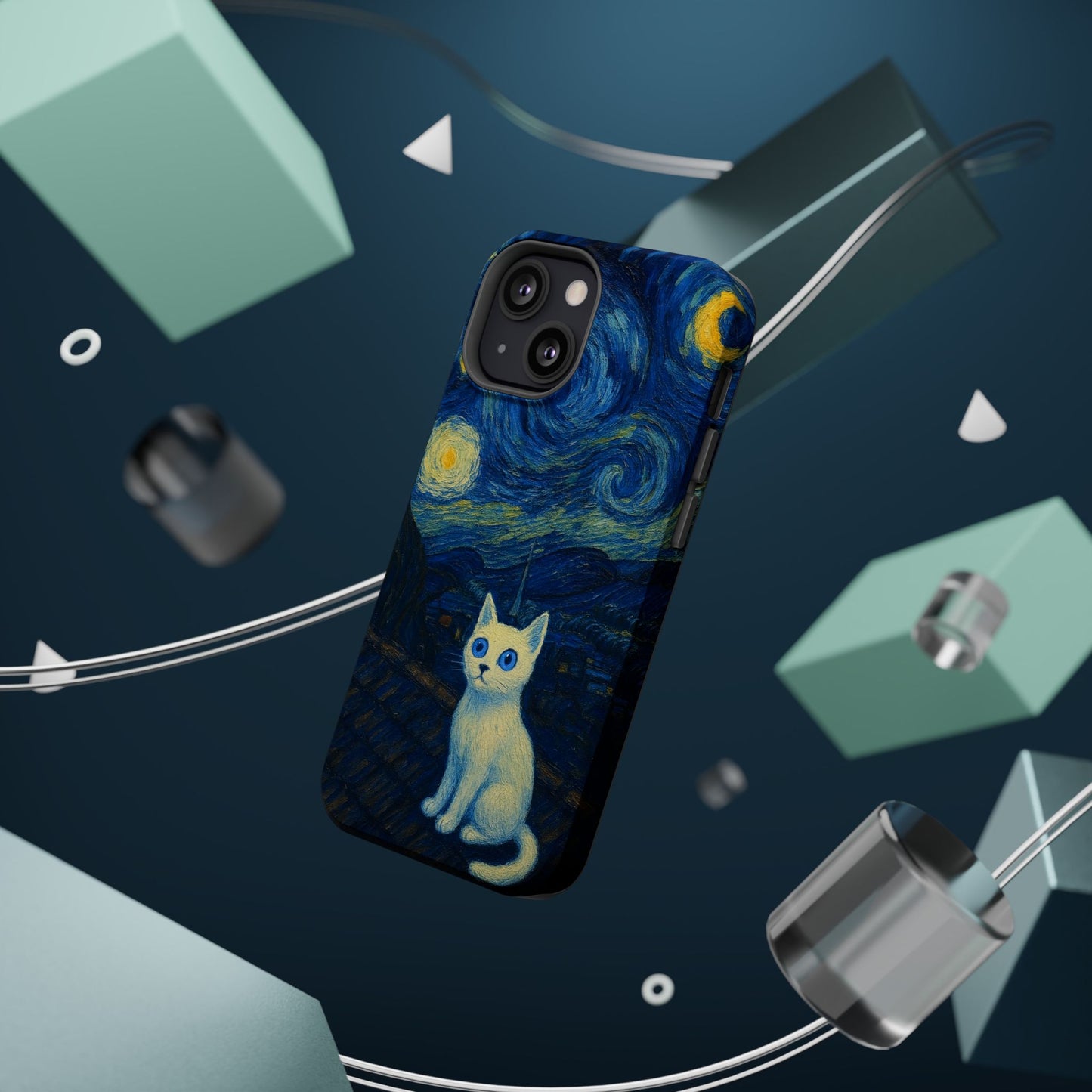 Starry Night Cat – Van Gogh Inspired – iPhone 16, 15, 14, 13 – MagSafe Magnetic Tough Case by HitStickers