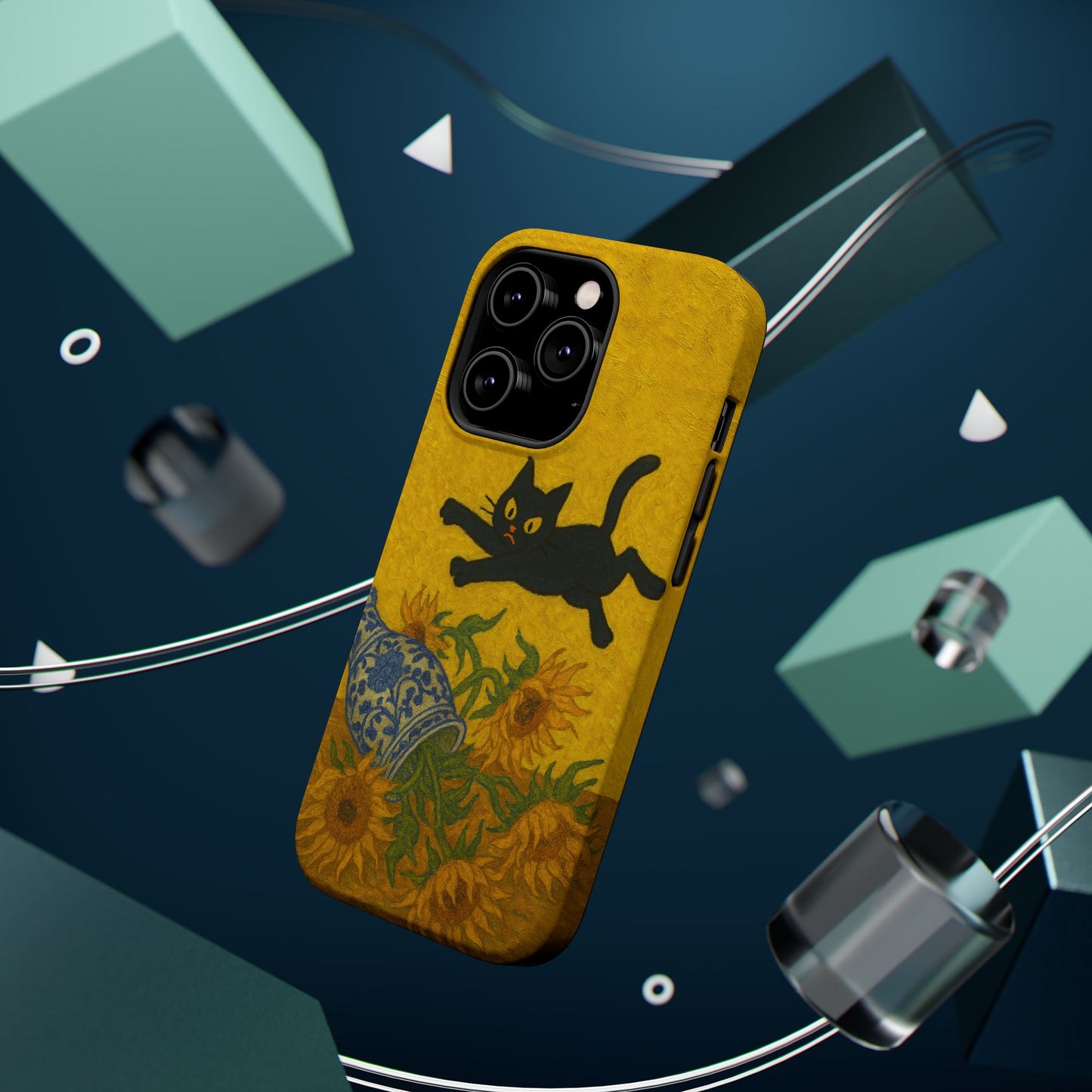 Mischievous Cat & Sunflowers – Van Gogh Inspired – iPhone 16, 15, 14, 13 – MagSafe Magnetic Tough Case by HitStickers