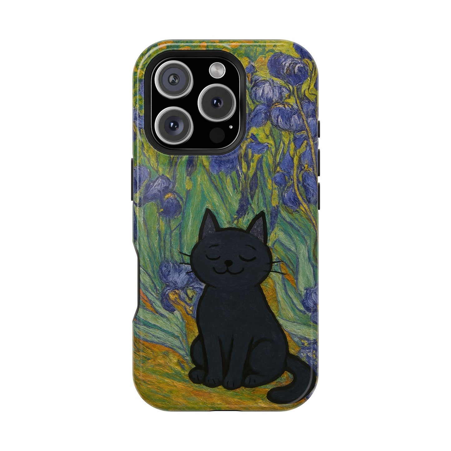 Peaceful Cat in Irises – Van Gogh Inspired – iPhone 16, 15, 14, 13 – MagSafe Magnetic Tough Case by HitStickers