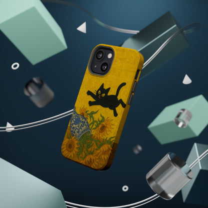 Mischievous Cat & Sunflowers – Van Gogh Inspired – iPhone 16, 15, 14, 13 – MagSafe Magnetic Tough Case by HitStickers