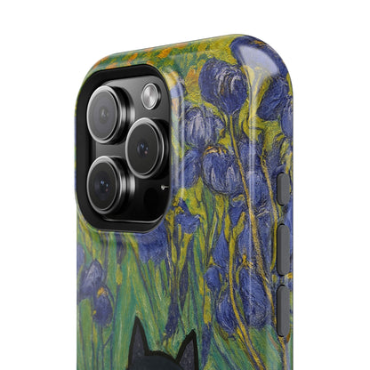 Peaceful Cat in Irises – Van Gogh Inspired – iPhone 16, 15, 14, 13 – MagSafe Magnetic Tough Case by HitStickers