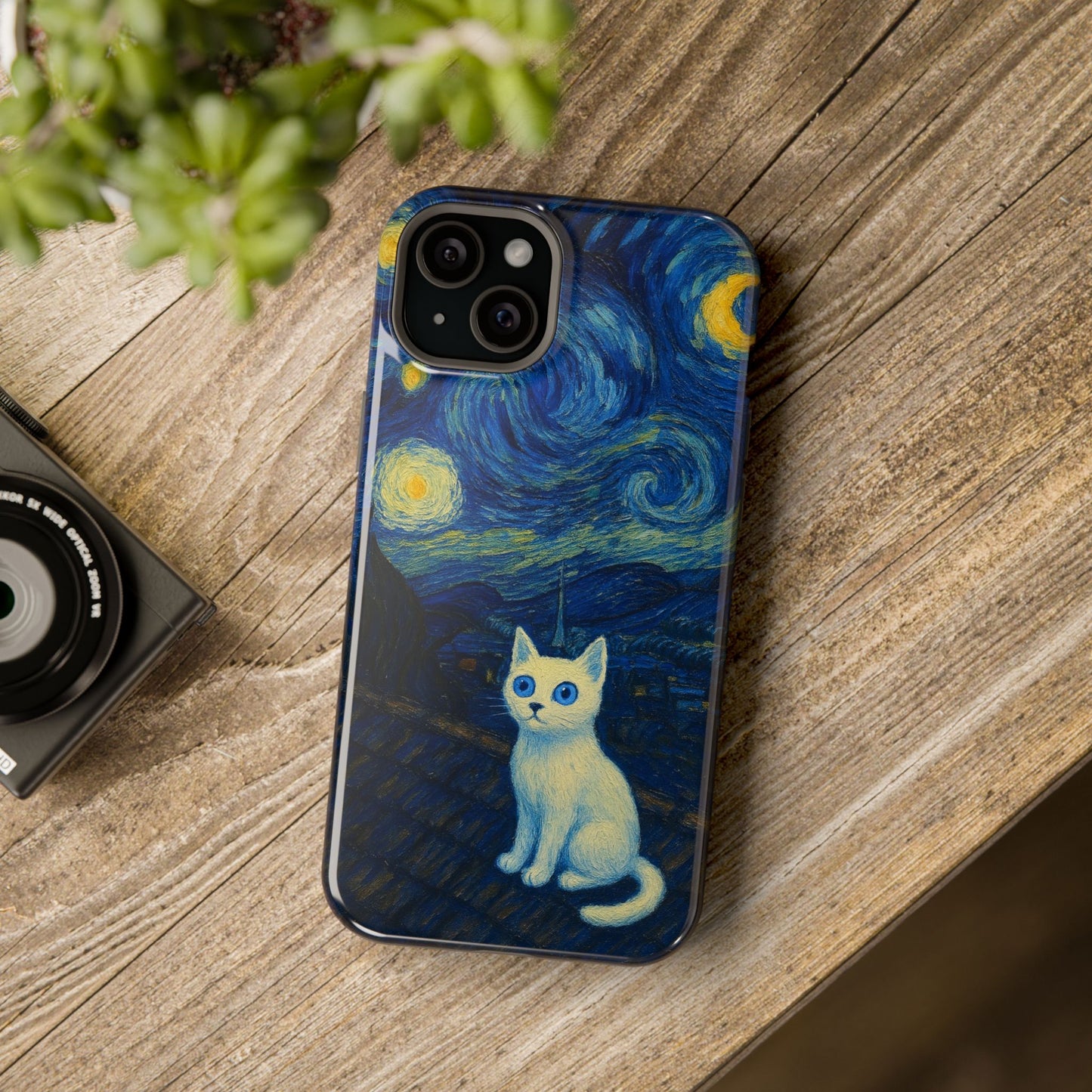 Starry Night Cat – Van Gogh Inspired – iPhone 16, 15, 14, 13 – MagSafe Magnetic Tough Case by HitStickers