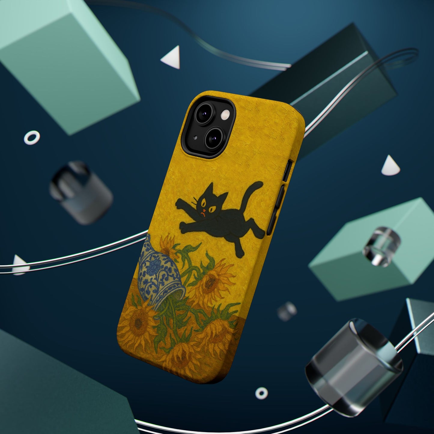 Mischievous Cat & Sunflowers – Van Gogh Inspired – iPhone 16, 15, 14, 13 – MagSafe Magnetic Tough Case by HitStickers