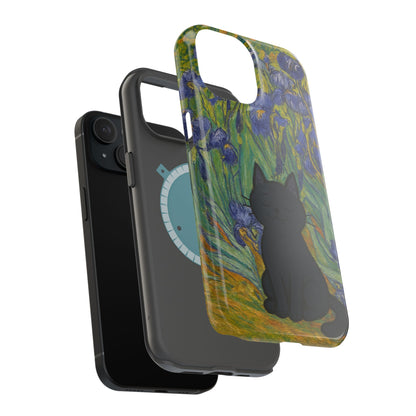 Peaceful Cat in Irises – Van Gogh Inspired – iPhone 16, 15, 14, 13 – MagSafe Magnetic Tough Case by HitStickers