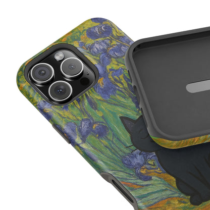 Peaceful Cat in Irises – Van Gogh Inspired – iPhone 16, 15, 14, 13 – MagSafe Magnetic Tough Case by HitStickers