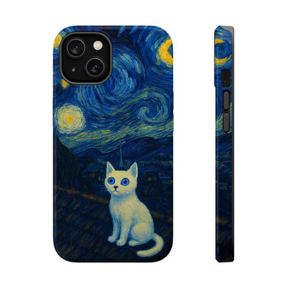 Starry Night Cat – Van Gogh Inspired – iPhone 16, 15, 14, 13 – MagSafe Magnetic Tough Case by HitStickers