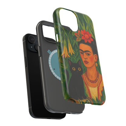 Frida & the Black Cat – Kahlo Inspired – iPhone 16, 15, 14, 13 – MagSafe Magnetic Tough Case by HitStickers