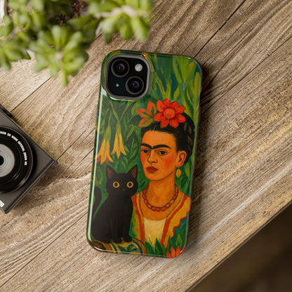 Frida & the Black Cat – Kahlo Inspired – iPhone 16, 15, 14, 13 – MagSafe Magnetic Tough Case by HitStickers