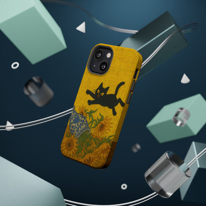 Mischievous Cat & Sunflowers – Van Gogh Inspired – iPhone 16, 15, 14, 13 – MagSafe Magnetic Tough Case by HitStickers