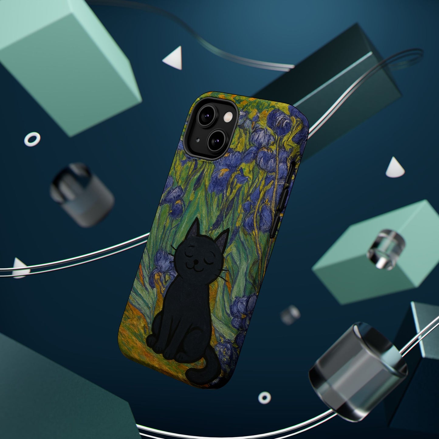 Peaceful Cat in Irises – Van Gogh Inspired – iPhone 16, 15, 14, 13 – MagSafe Magnetic Tough Case by HitStickers