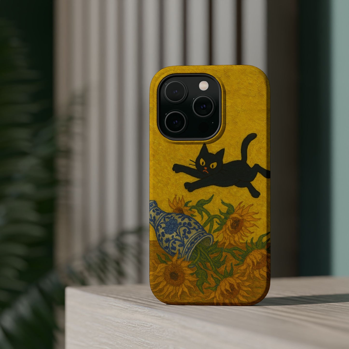 Mischievous Cat & Sunflowers – Van Gogh Inspired – iPhone 16, 15, 14, 13 – MagSafe Magnetic Tough Case by HitStickers