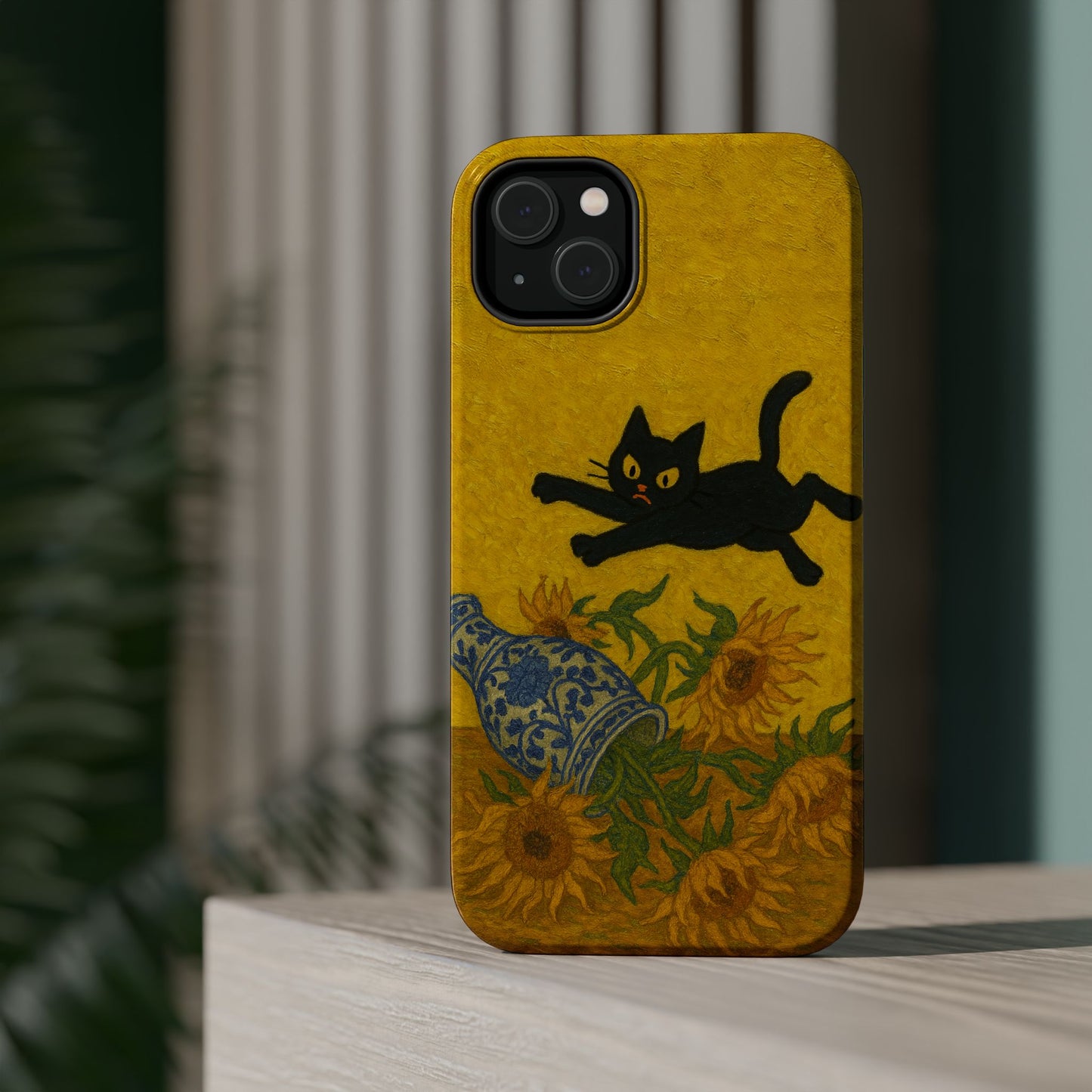 Mischievous Cat & Sunflowers – Van Gogh Inspired – iPhone 16, 15, 14, 13 – MagSafe Magnetic Tough Case by HitStickers