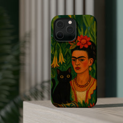 Frida & the Black Cat – Kahlo Inspired – iPhone 16, 15, 14, 13 – MagSafe Magnetic Tough Case by HitStickers