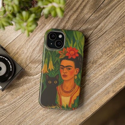 Frida & the Black Cat – Kahlo Inspired – iPhone 16, 15, 14, 13 – MagSafe Magnetic Tough Case by HitStickers