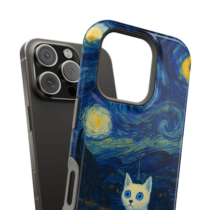 Starry Night Cat – Van Gogh Inspired – iPhone 16, 15, 14, 13 – MagSafe Magnetic Tough Case by HitStickers