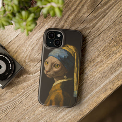 Cat with a Pearl Earring – Vermeer Inspired – iPhone 16, 15, 14, 13 – MagSafe Magnetic Tough Case by HitStickers