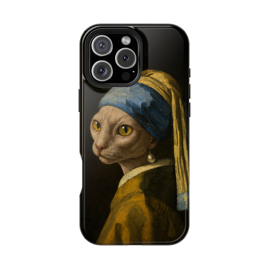 Cat with a Pearl Earring – Vermeer Inspired – iPhone 16, 15, 14, 13 – MagSafe Magnetic Tough Case by HitStickers
