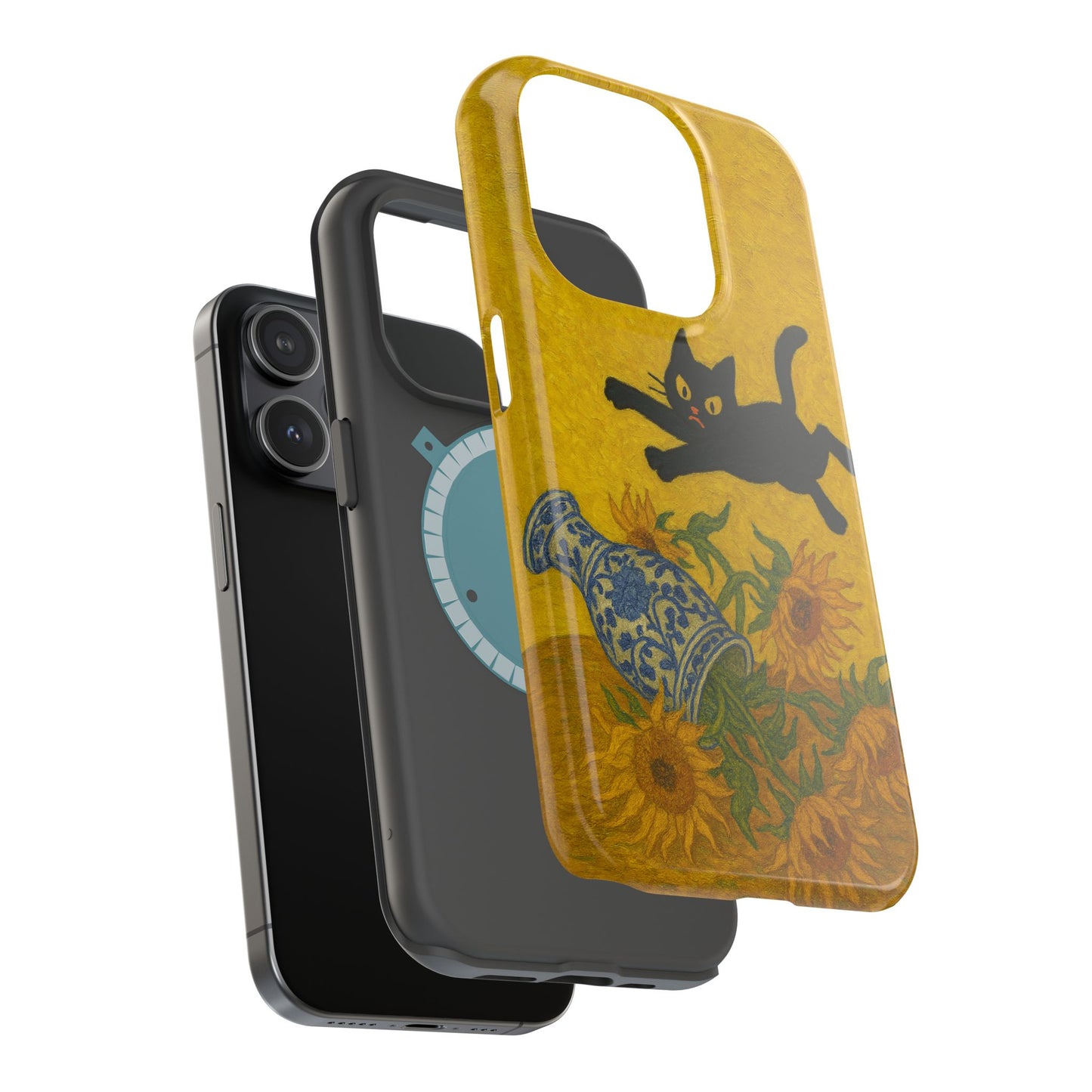 Mischievous Cat & Sunflowers – Van Gogh Inspired – iPhone 16, 15, 14, 13 – MagSafe Magnetic Tough Case by HitStickers