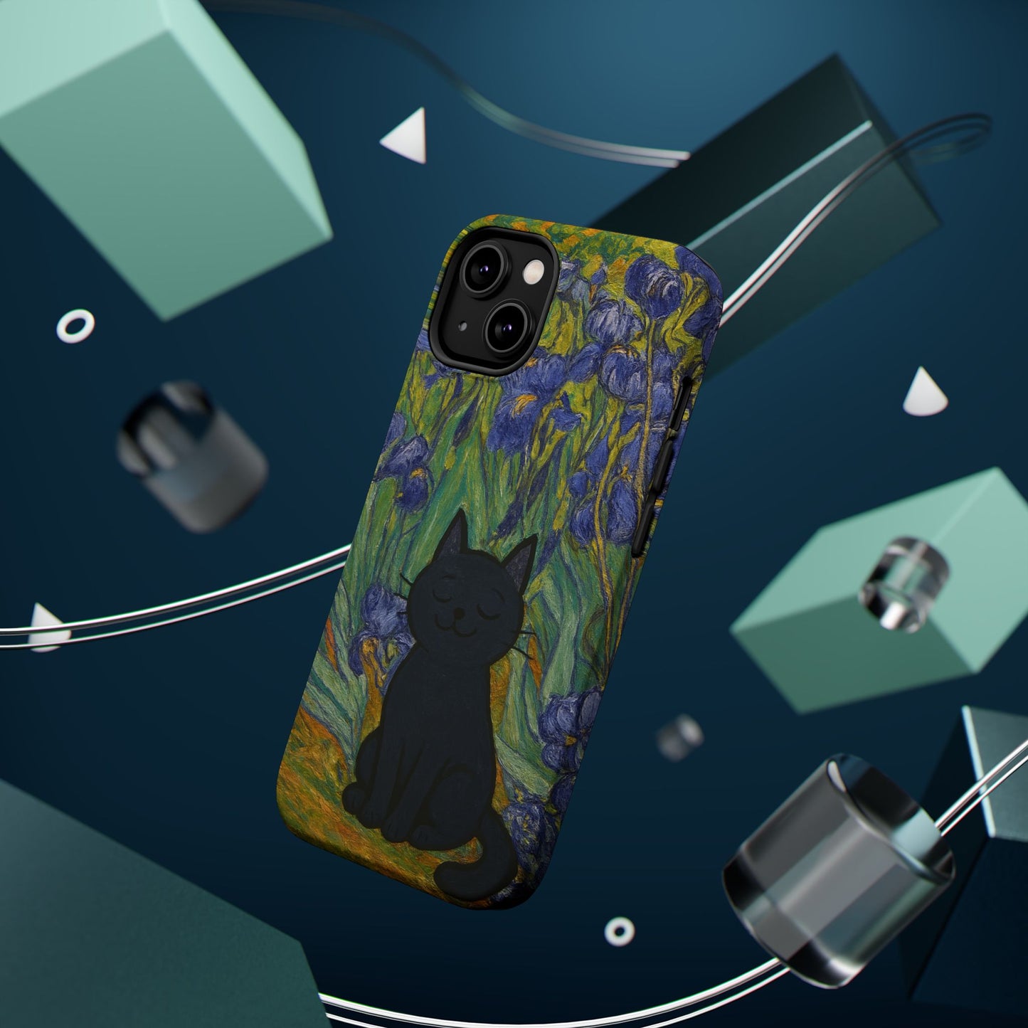 Peaceful Cat in Irises – Van Gogh Inspired – iPhone 16, 15, 14, 13 – MagSafe Magnetic Tough Case by HitStickers