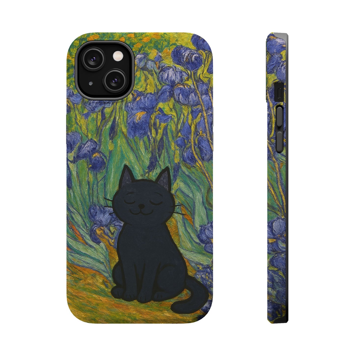 Peaceful Cat in Irises – Van Gogh Inspired – iPhone 16, 15, 14, 13 – MagSafe Magnetic Tough Case by HitStickers